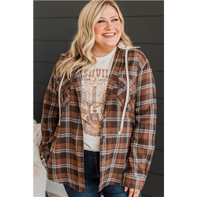 Brown Plus Size Plaid Contrast Button up Hooded Jacket