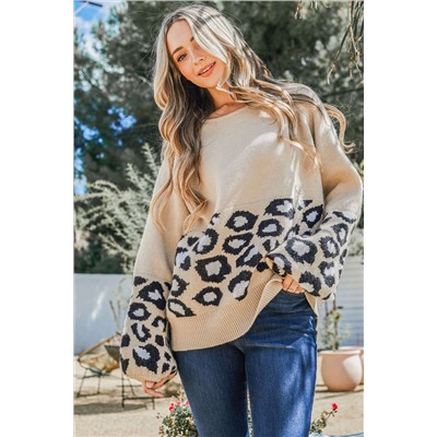 Khaki Leopard Patchwork Knitted Puff Sleeve Sweater