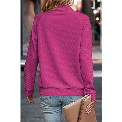 Rose Quilted Buttoned Neckline Stand Neck Pullover Sweatshirt