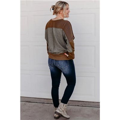 Brown Contrast Patchwork Thumbhole Sleeve Top