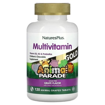 Nature's Plus, Source of Life, Animal Parade Gold, жевательная добавка для детей с мультивитаминами и минералами, натуральный ароматизатор со вкусом винограда, 120 таблеток в форме животных