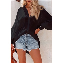 Black Shirred Cuffs Bubble Sleeve Oversized Shirt