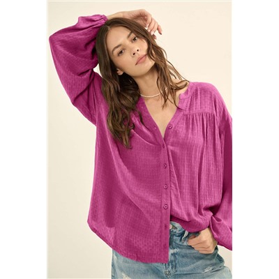 Rose Solid Color Jacquard Puff Sleeve Button up Shirt