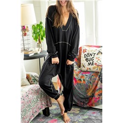 Black Flatlock Seam Detail V Neck Baggy Jumpsuit