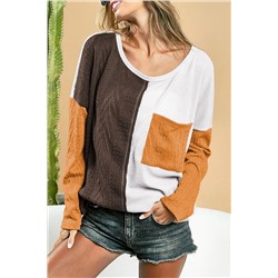 Brown Color Block Patchwork Chest Pocket Long Sleeve Top