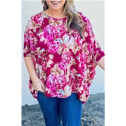 Red Floral Print Short Sleeve Plus Size Blouse
