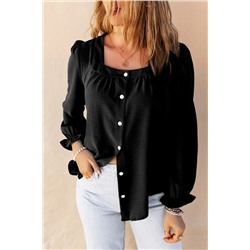 Black Flounce Sleeve Square Neck Button-Up Shirt