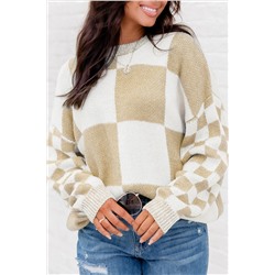 Light French Beige Checkered Print Drop Shoulder Sweater