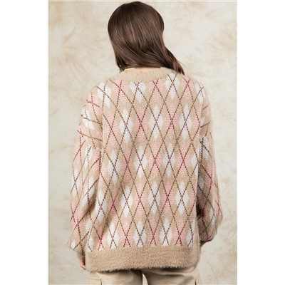 Multicolour Rhombus Pattern Knit Sweater Cardigan