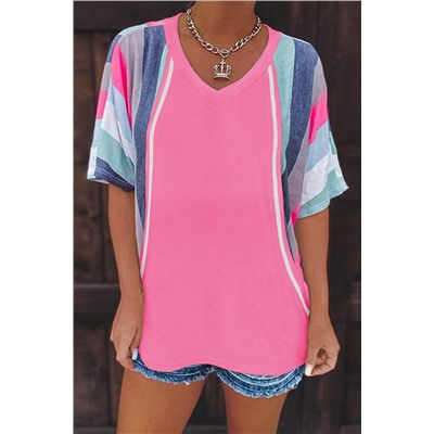 Pink White Stripe Patchwork V Neck T Shirt