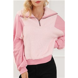 Pink Exposed Seam Fuzzy Patchwork Zip Neck Sweatshirt