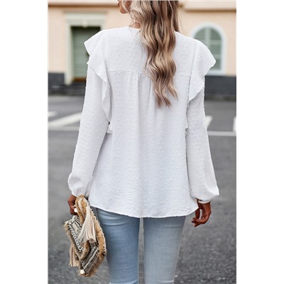 White Lace Eyelet Ruffle Shoulder Long Sleeve Blouse