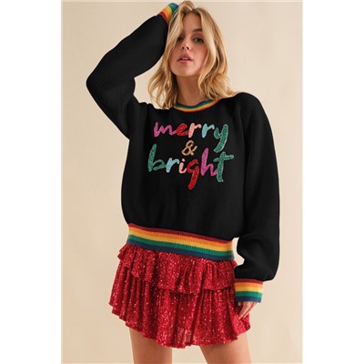 Black Glitter Merry & Bright Colorful Stripes Trim Sweater