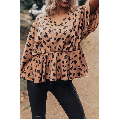 V Neck Leopard Print Peplum Blouse