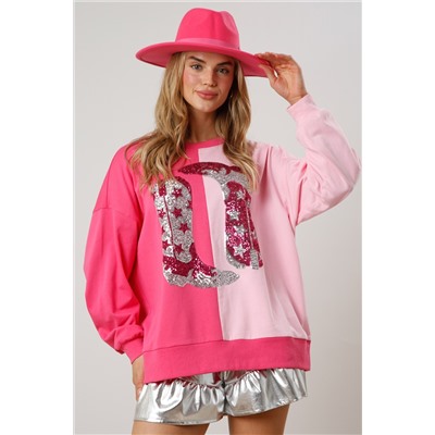 Pink Color Block Sequined Cowgirl Boots Graphic Sweatshirt