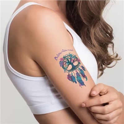 Татуировка на тело цветная двойная "Ловец снов и пёрышко" 10,5х6 см