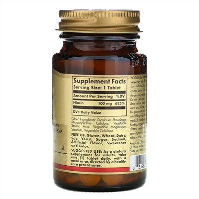 Solgar, Ниацин (витамин В3), 100 мг, 100 таблеток