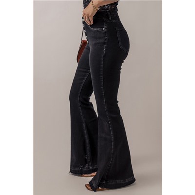 Black High Waist Button Front Flare Jeans