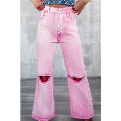 Pink High Waist Rhinestone Cutout Wide Leg Jeans