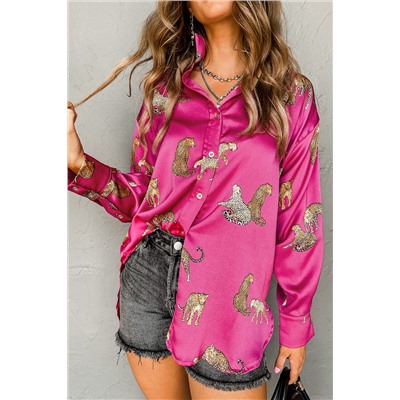 Rose Cheetah Animal Print Button Up Satin Shirt