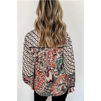 Black Mixed Floral Geometric Print Ruffled Long Sleeve Blouse