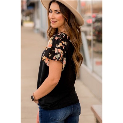 Black Floral Tiered Short Sleeve T Shirt