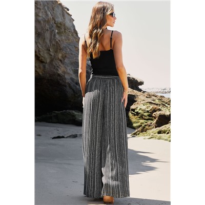 Black Printed Striped Printed Slit Wide Leg High Waist Pants