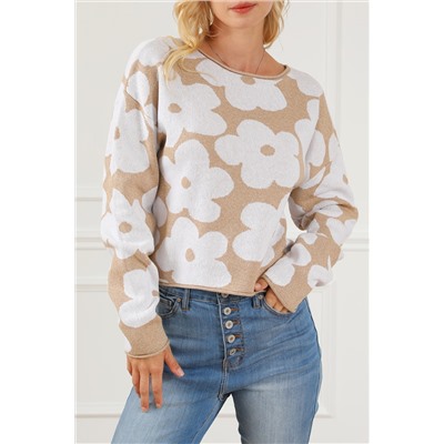 Light French Beige Flower Pattern Cropped Sweater