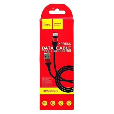 Кабель USB - Type-C Hoco X26 Xpress (повр. уп.)  100см 2A  (black/red)