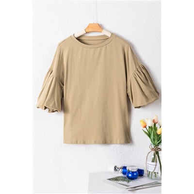 Light French Beige Solid Color Lantern Sleeve Drop Shoulder Blouse