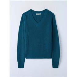 Пуловер в английскую резинку с треугольным вырезом Синевато-зеленый
