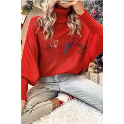 Fiery Red Christmas Holly Jolly Tinsel Graphic High Neck Sweater