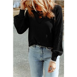 Black Lace Waffle Patchwork Strappy V Neck Long Sleeve Top