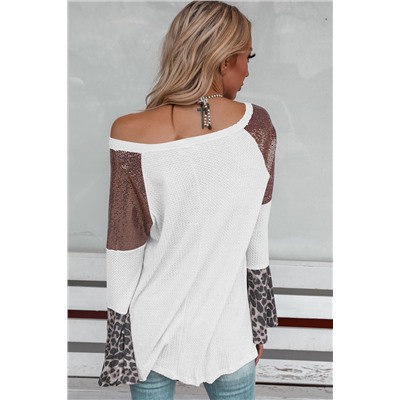 White Sequin Patchwork Bell Sleeve V Neck Tunic Top