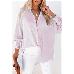 Розовая удлиненная рубашка оверсайз в полоску и эластичными манжетами
