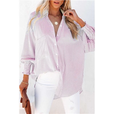 Розовая удлиненная рубашка оверсайз в полоску и эластичными манжетами