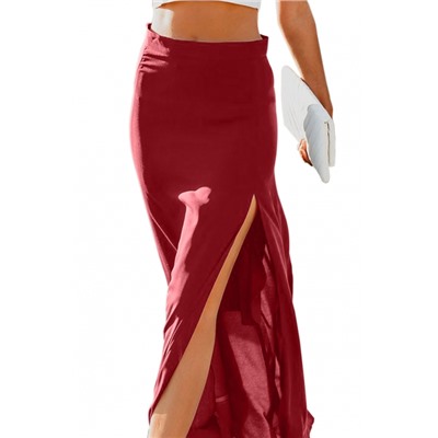 Красная свободная макси юбка с высоким разрезом сбоку