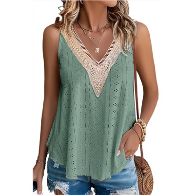 Mist Green Lace Crochet Splicing V Neck Loose Fit Tank Top