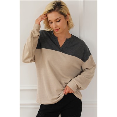 Carbon Grey Notched Neck Colorblock Corded Sweatshirt