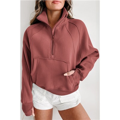 Brown Zip Up Stand Collar Ribbed Thumbhole Sleeve Sweatshirt