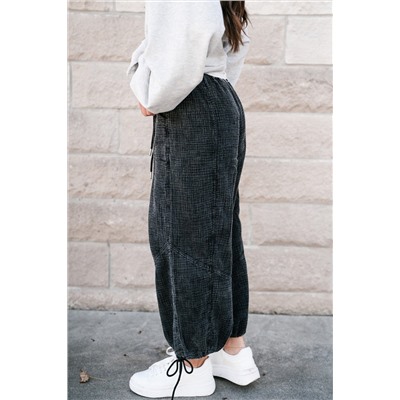 Black Mineral Wash Textured Drawstring Wide Leg Pants