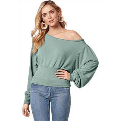 Green Off Shoulder Bishop Sleeve Cinched Waist Blouse