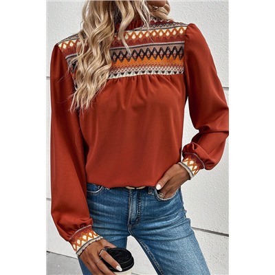 Red Clay Western Geometric Print Bubble Sleeve Frilled Neck Blouse