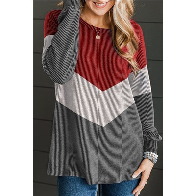 Medium Grey Color Block Corded Texture Long Sleeve Top