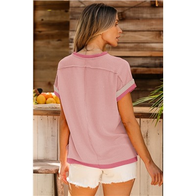 Light Pink Textured Contrast Trim Round Neck T Shirt