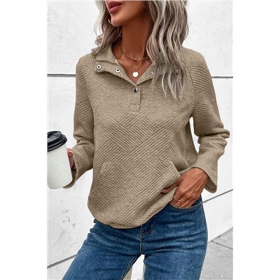 Pale Khaki Textured Knit Buttoned Kangaroo Pocket Sweatshirt