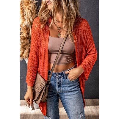 Orange Hollow-out Knit Kimono Lightweight Cardigan