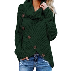 Зеленый свитер с запахом на пуговицах и высоким воротником