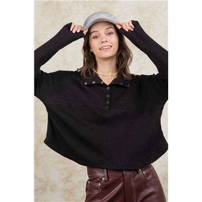 Black Ribbed Knit Snap Button Long Sleeve Top