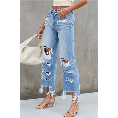 Sky Blue Heavy Destroyed High Waist Jeans